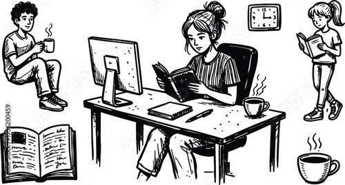 Black and white line art woman reading book at desk with computer and coffee