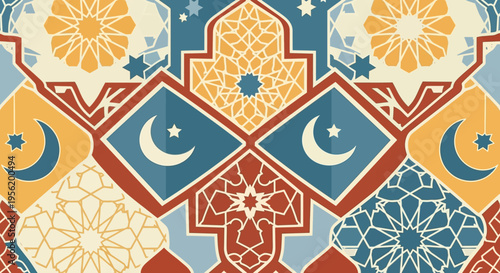 Ramadan Kareem background with crescent moons and stars in traditional geometric patterns, celebrating Islamic heritage and culture with festive motifs