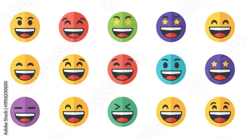 Vibrant collection of flat-design happy faces and smiling emoticons expressing positive emotions and cheerful feelings.