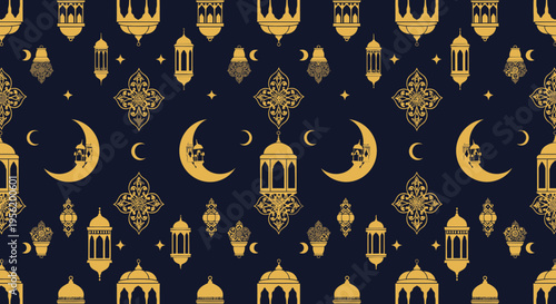 Ramadan Kareem pattern with Islamic crescent moons and lanterns on a dark blue background, perfect for festive greetings