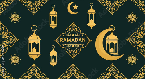 Ramadan Kareem - a Islamic holiday illustration with lanterns and crescent moon