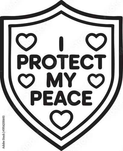 Shield with text IPROTECTMYPEACE surrounded by hearts in black and white Keywords