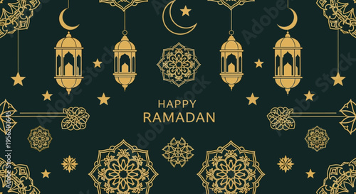Happy Ramadan greetings with traditional Islamic patterns and crescent moon decor, celebrating the holy month of fasting and reflection