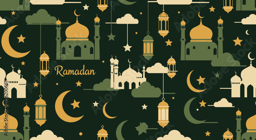 Elegant seamless pattern for Ramadan, featuring mosque silhouettes, crescent moons, and stars on a green background, ideal for Islamic holiday greetings and decorations