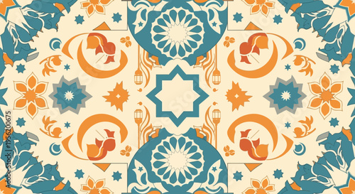 Intricate Islamic Geometric Pattern Design with Ornate Floral Motifs and Star Shapes, Seamless Repeating Background
