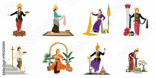 Collection of Flat Vector Illustrations Featuring Indonesian Traditional Dancers in Diverse Cultural Costumes, Poses, and Ceremonial Rituals