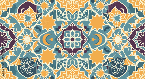 Intricate seamless pattern featuring stars, crescent moons, and stylized floral motifs in a vintage ornamental design, perfect for textile prints, digital backgrounds, and cultural decorative art