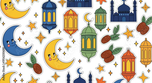 Charming seamless pattern with colorful crescent moons, twinkling stars, traditional lanterns, and mosque silhouettes, ideal for festive Islamic holiday backgrounds
