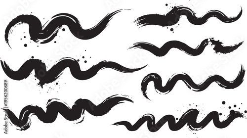 Brush set. Vector black paint brush spots, highlighter lines or felt-tip pen marker. Ink smudge abstract shape stains and smear set with texture. Hand drawn vector illustration