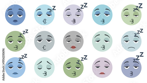 Multiple sleepy emoji faces with 'Zzz' symbols, a flat graphic vector collection illustrating tiredness, drowsiness, and exhaustion.