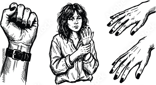 Black and white line art woman holding wrist with buckle strap and separate hand studies