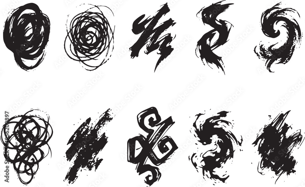 Fototapeta premium Brush set. Vector black paint brush spots, highlighter lines or felt-tip pen marker. Ink smudge abstract shape stains and smear set with texture. Hand drawn vector illustration
