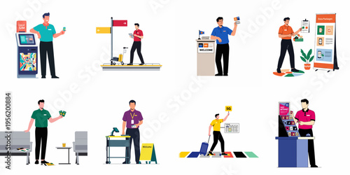 A set of flat illustrations depicting airport mobile service staff offering local SIM cards, data packages, and 5G connectivity solutions to international travelers.