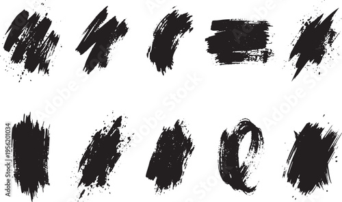 Brush set. Vector black paint brush spots, highlighter lines or felt-tip pen marker. Ink smudge abstract shape stains and smear set with texture. Hand drawn vector illustration