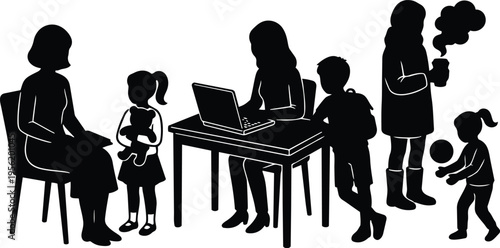 Silhouette family scene with woman on laptop child with teddy and kids playing with ball