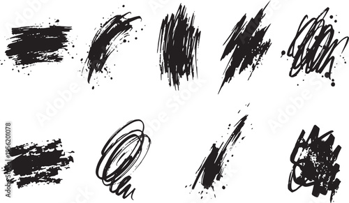 Brush set. Vector black paint brush spots, highlighter lines or felt-tip pen marker. Ink smudge abstract shape stains and smear set with texture. Hand drawn vector illustration