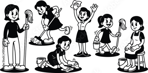 Black and white cleaning crew cartoon women mopping scrubbing and polishing in various poses