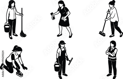 Line art black and white cleaning staff set showing mop bucket spray squeegee and supervisor