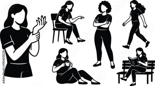 Flat design female silhouettes in six poses sitting reading walking holding mug and crossing arms