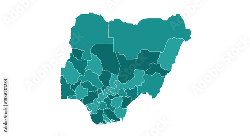 Teal gradient map of nigeria divided into regions and states with clear borders