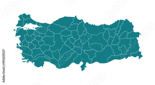 Teal silhouette map of turkey with internal provincial borders on white background