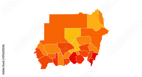 Stylized map of sudan divided into regions with vibrant orange and yellow