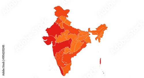 Stylized map of india with regions highlighted in warm orange and red tones