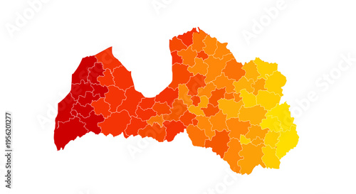 Latvia map with administrative divisions colored by data gradient from red