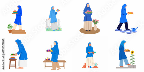 Set of Illustrations Featuring a Muslim Woman in a Hijab Serving Various Colorful Desserts and Puddings in Different Settings