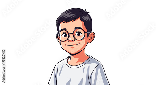 Friendly young boy wearing glasses smiling gently depicted in a clean modern