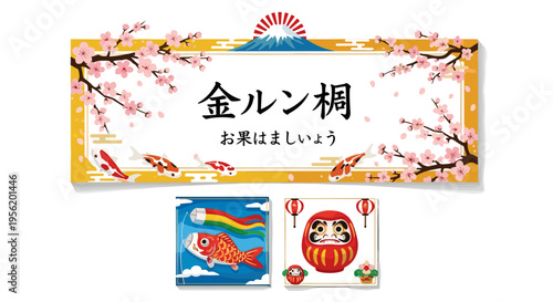 Japanese spring festival elements mt fuji cherry blossoms koi fish and daruma doll