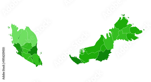 Malaysia map silhouette divided into regions green tones isolated white background