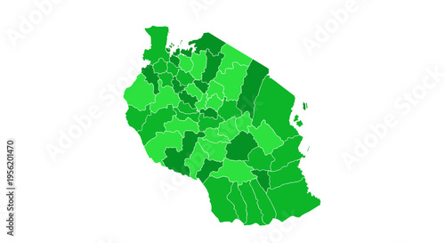 Stylized green map of tanzania divided into regions presented on a clean white