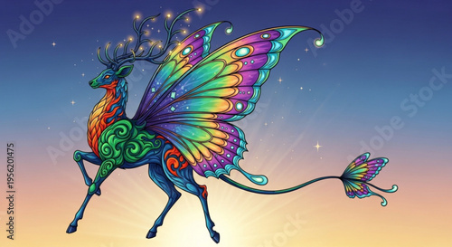 Mythical creature with rainbow butterfly wings and deer body prancing in starry night sky with sunset background