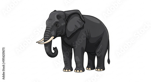 Gray elephant standing with tusks and curled trunk on white background