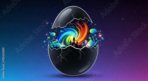 Cracked black egg reveals vibrant rainbow swirl inside symbolizing growth and transformation against a starry night sky background