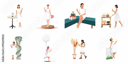 Set of flat illustrations featuring women in elegant white dresses celebrating a wedding with champagne, gifts, flowers, and desserts on white background.