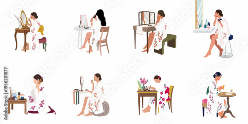 A collection of flat illustrations showing women in floral robes performing beauty and self-care routines at various dressing tables and mirrors.