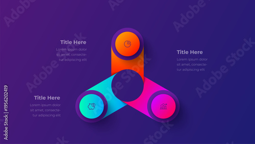 3 step triangular process infographic diagram with three connected rounded segments around central circle