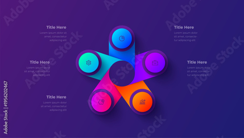 5 step radial process infographic diagram with five connected rounded segments around central circle