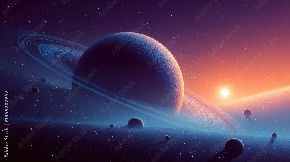 Fototapeta premium Vast alien planet with rings and moons bathed in the warm glow of a distant sun