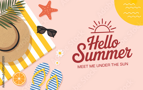 Summer vacation accessories and beachwear on pink background with hello summer text