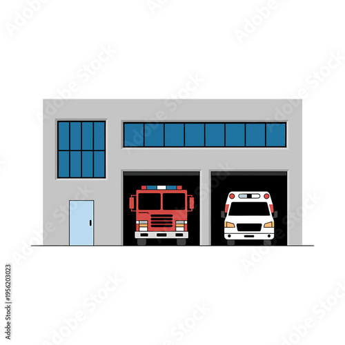 Fire station with fire truck and ambulance parked inside garages