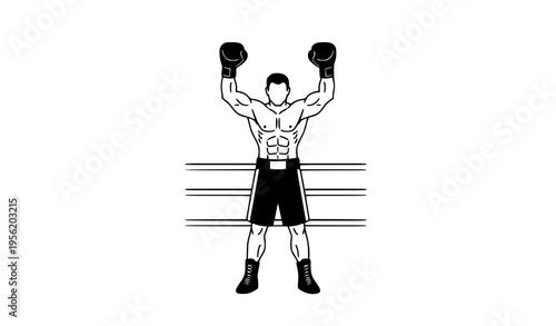 Muscular boxer winner in ring victory pose vector clipart illustration