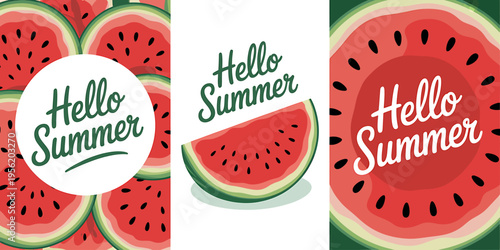 Hello Summer watermelon slices and text on white backgrounds  summer vibes and fresh fruit
