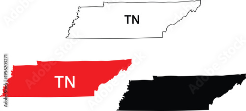 Three variations of the tennessee state map outline with the abbreviation tn displayed clearly Vector