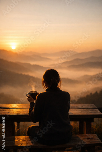 A woman holding steaming mug at sunrise power of simplicity in peaceful mountain view with misty layers and warm golden light