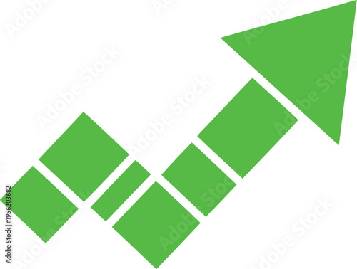 A vibrant green digital arrow icon composed of square segments pointing upward on white background Vector