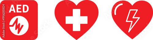 A collection of three red medical icons featuring an automated external defibrillator and hearts Vector
