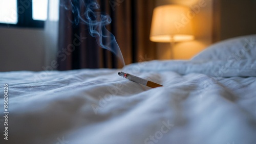 Lit cigarette smoldering dangerously on rumpled white bed linens indoors representing a hazardous and careless hotel room activity